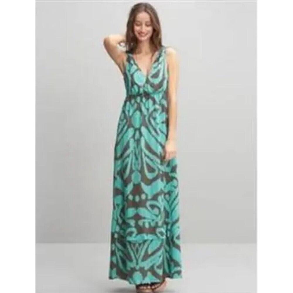 Banana Republic Silk Printed Ruffled Hem Maxi Long Dress Turquoise Brown‎ Sz 0